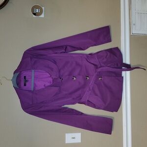 Sandro Studio Short Trench Coat With Ruffled Collar And Belt In Purple Size M